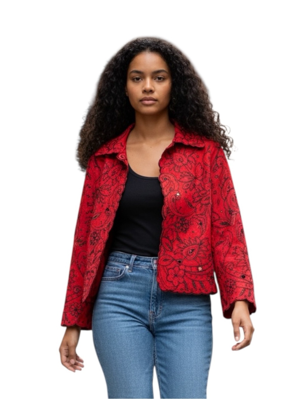 Trenz Petites Red Floral Scalloped Hem Women's Jacket Size M